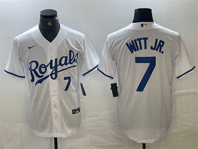 Men's Kansas City Royals #7 Bobby Witt Jr. White With Patch Cool Base Stitched Baseball Jersey Men's Kansas City Royals #7 Bobby Witt Jr. White With Patch Cool Base Stitched Baseball Jersey